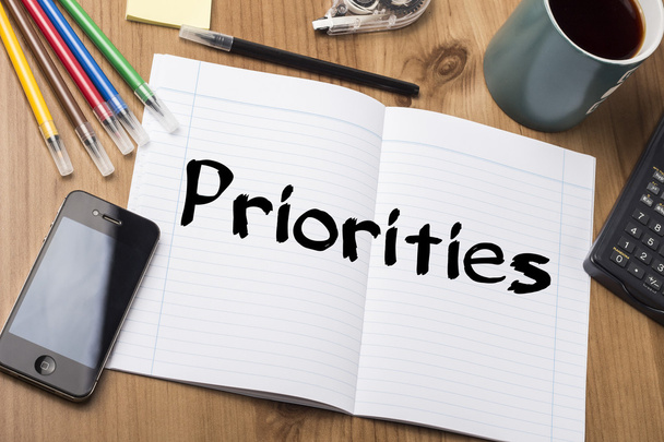 Priorities - Note Pad With Text On Wooden Table - Foto, Imagen