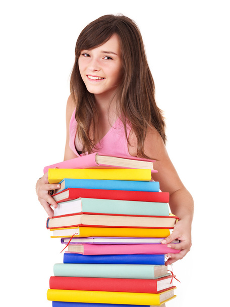 Girl with pile colored book . - Fotoğraf, Görsel