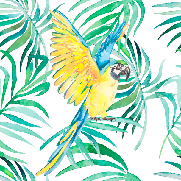 Tropical birds and plants seamless pattern. Watercolor vector. Transparent background. - Vector, Imagen