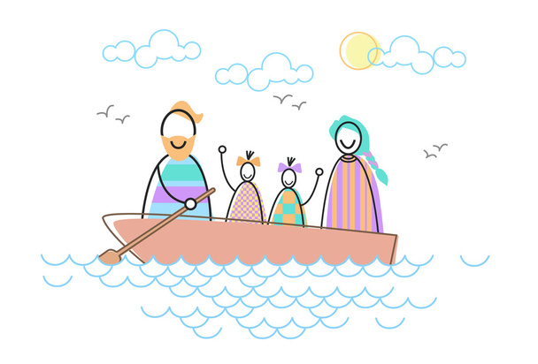 Happy Family Parents Two Children In Boat - Vector, Image