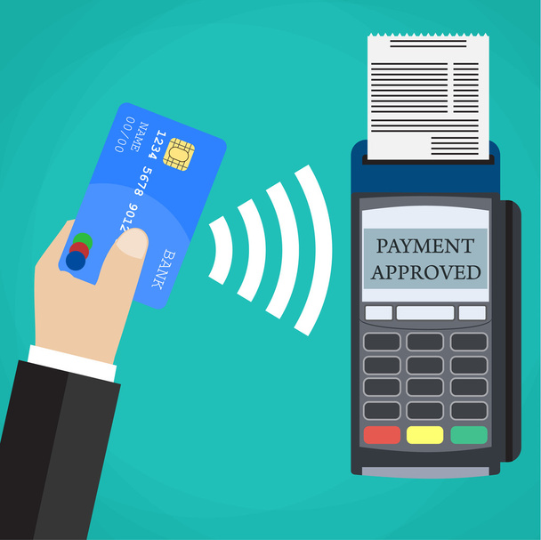 Pos terminal confirms the payment by debit card. - Vector, Image