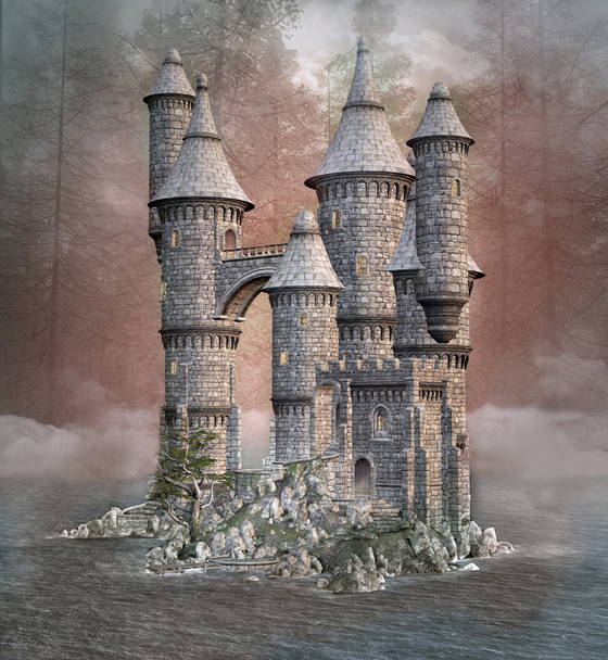 Μαγεμένο φαντασίας κάστρο σε μια λίμνη μουντό - Φωτογραφία, εικόνα