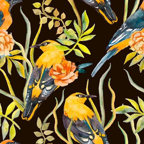 Seamless pattern of birds and plants. Vector. Leaves. - Vecteur, image