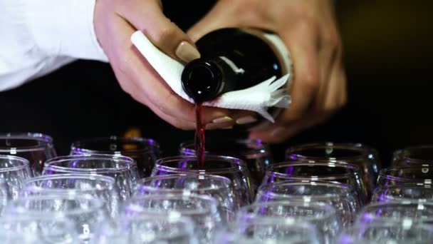 Close-up van een jonge vrouwelijke barmannen handen gieten van bril met rode wijn. - Video