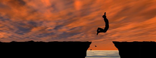 человек прыгает со скалы через разрыв
 - Фото, изображение