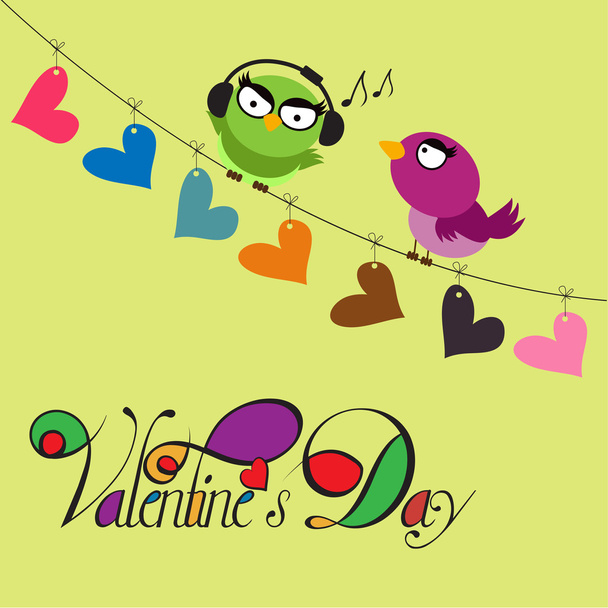 Pair of birds sitting on string with hanging hearts - Vector, Image