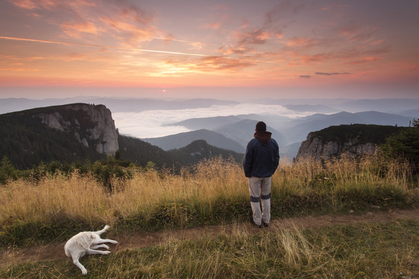 El hombre y su fiel amigo el perro admiran el paisaje de montaña
  - Foto, Imagen