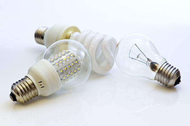 Different types of bulbs E27 (Fluorescent, Wolfram, LEDs) - Photo, Image