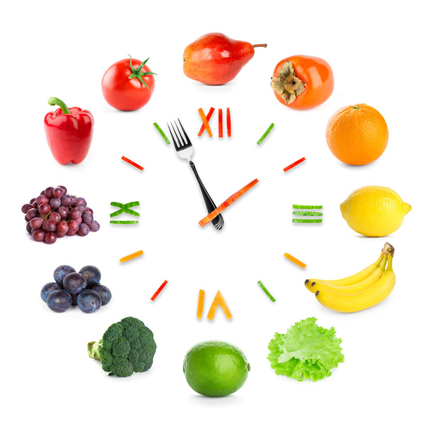 Food clock with fruits and vegetables - Fotoğraf, Görsel