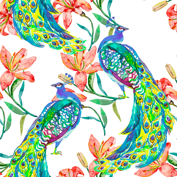 Beautiful peacock pattern.Vector. Peacocks and lily. - Vector, Imagen