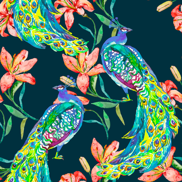 Beautiful peacock pattern.Vector. Peacocks and lily. - Wektor, obraz