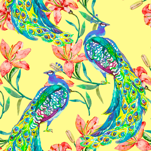Beautiful peacock pattern.Vector. Peacocks and lily. - Wektor, obraz