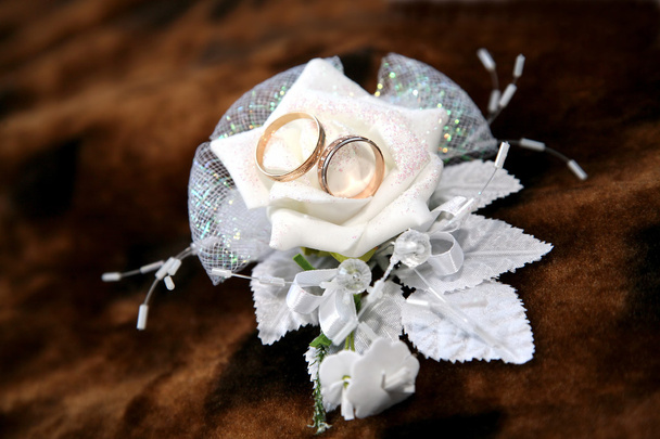 zlaté snubní prsteny leží na dekorace - Fotografie, Obrázek