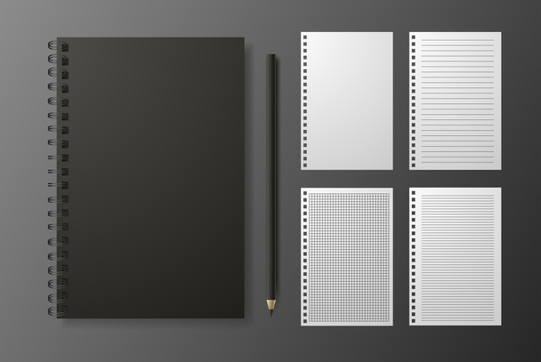 Realistinen musta muistikirja lyijykynällä ja mallilla tyhjä
 - Vektori, kuva