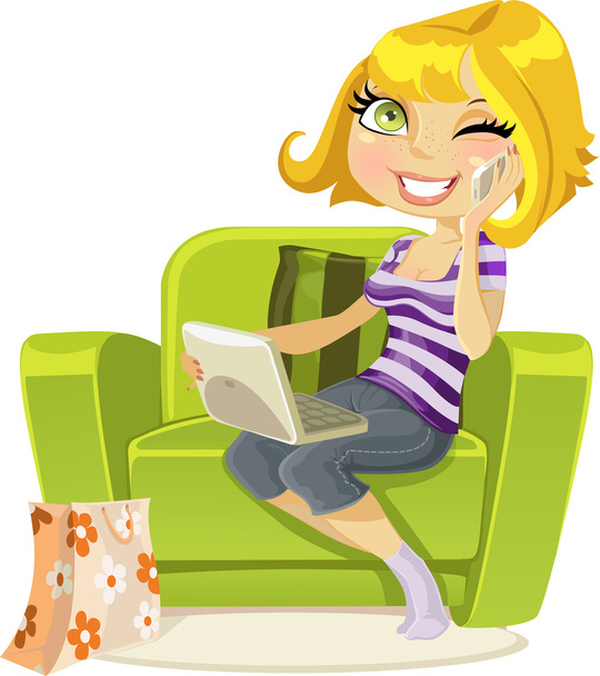 Pretty blonde sitting in a chair with a laptop and talking on the phone - Vecteur, image
