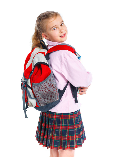 Little blond school girl with backpack bag - Foto, Imagem