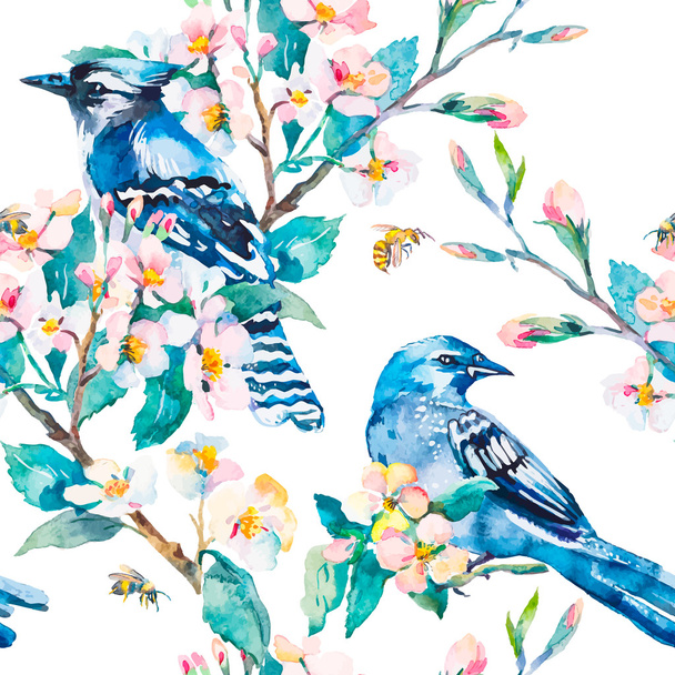Blue jay on a flowering branch.  Spring pattern. Watercolor art. - Vetor, Imagem