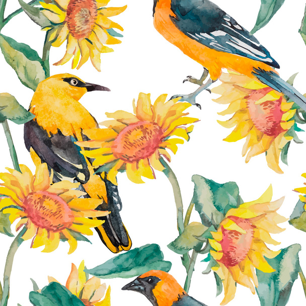 Sunflowers and oriole pattern watercolor. Exotic bird. Watercolor. Vector. - Vector, imagen