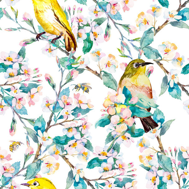 Spring flowers and birds. Pattern. Watercolor. Vector. Flowering branch. - Вектор,изображение