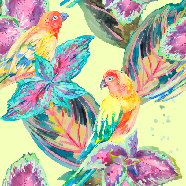 Watercolor Parrots .Tropical flower and leaves. Exotic. - 写真・画像