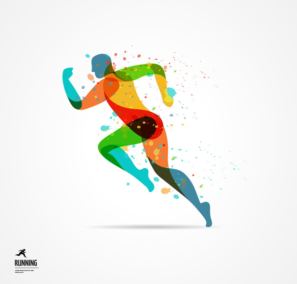 Running man, sport colorful poster, icon with splashes, shapes - Vector, Image