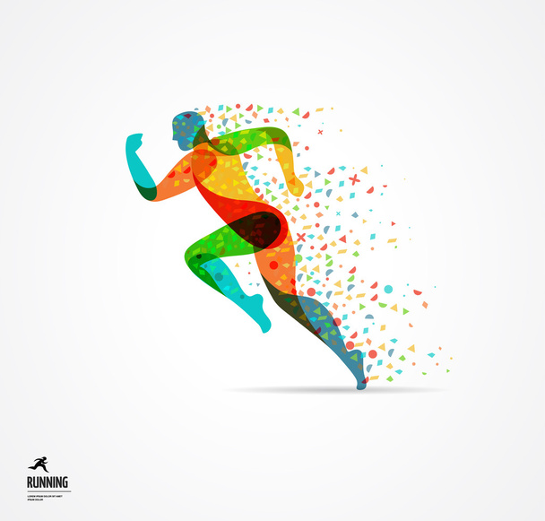Running man, sport colorful poster, icon with splashes, shapes - Vector, Image