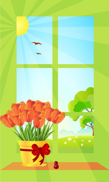 Beautiful bouquet of tulips at a window in the spring - Vector, Image