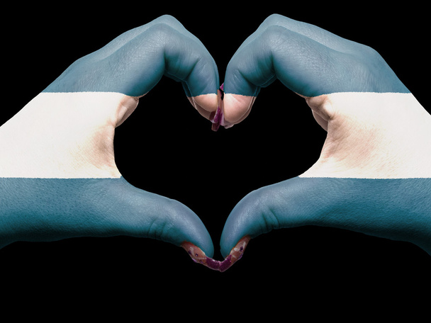 Corazón y amor gesto por manos coloreadas en el salvador bandera para
 - Foto, Imagen