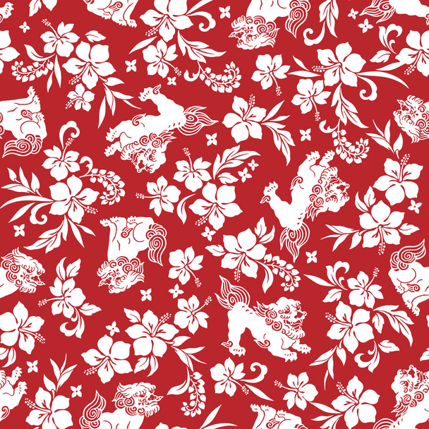 Tropical flower Orient lion pattern - Vector, Image