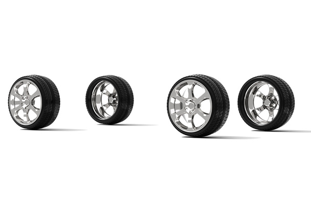 Автомобільні колеса на білому тлі - 3d ілюстрація
 - Фото, зображення