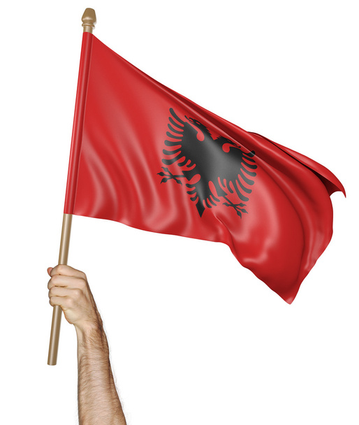 Mano orgullosamente ondeando la bandera nacional de Albania
 - Foto, Imagen