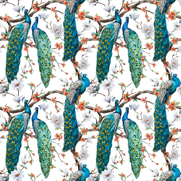 Watercolor raster peacock pattern - Фото, изображение