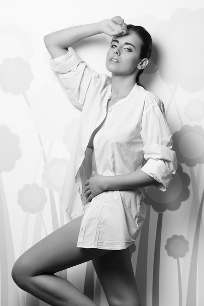 BW shot fashion woman with unbuttoned shirt  - Fotografie, Obrázek