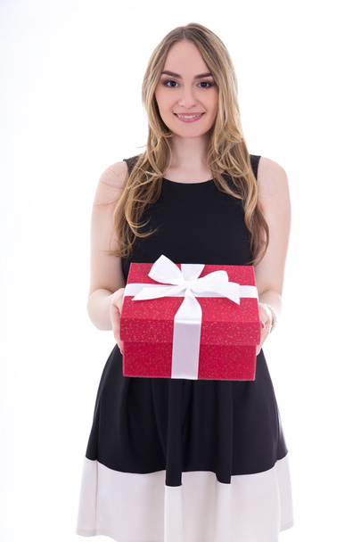 portrait of beautiful young woman in black dress with gift box i - Φωτογραφία, εικόνα