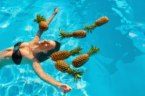 Healthy Lifestyle, Food. Young Woman In Pool. Fruits, Vitamins.  - Фото, изображение