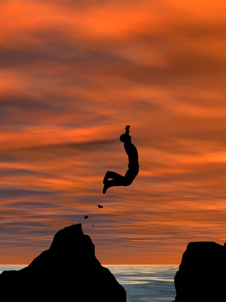 mies hyppää kalliolta yli aukon
 - Valokuva, kuva
