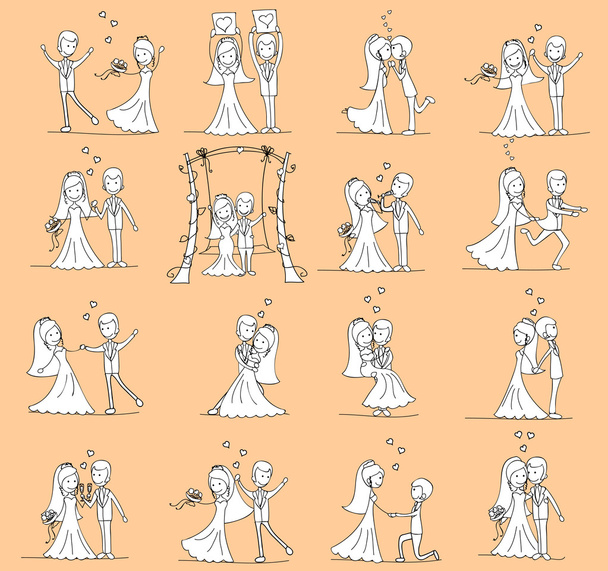 beállított esküvői képek, a menyasszony és a vőlegény - Vektor, kép