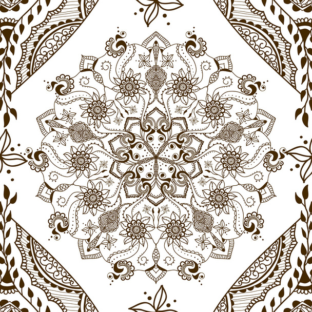 Vector seamless texture with floral mandala in indian style. Mehndi ornamental background - Vector, Image
