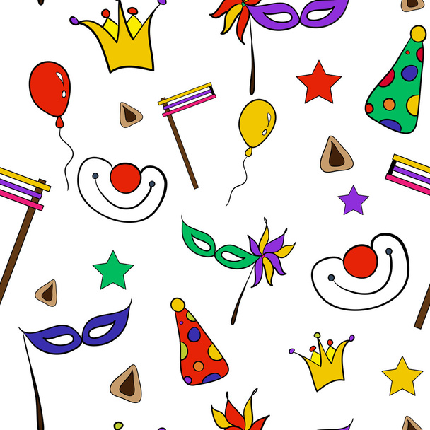Dibujado a mano patrón sin costuras de fiesta judía Purim: máscaras de carnaval y sombreros, tradicionales galletas Hamantaschen
 - Vector, Imagen