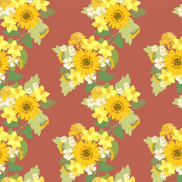 Sunflowers, narcissuses, strawberries flowers - Vector, Image