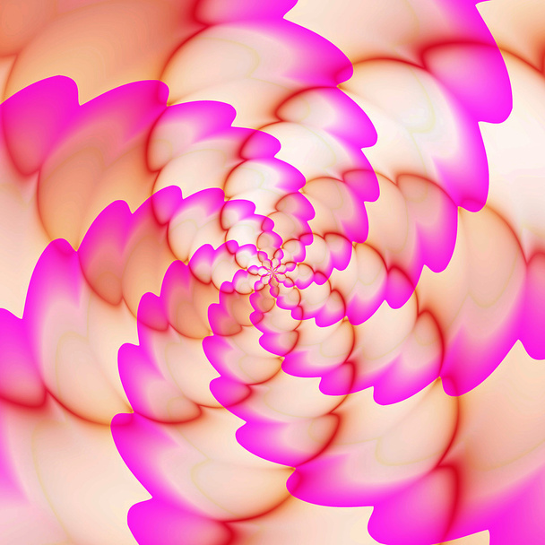 abstrakter rotierender Hintergrund aus flauschigen rosa, roten und gelben Wellen, die zu einem Punkt zusammenlaufen - Foto, Bild