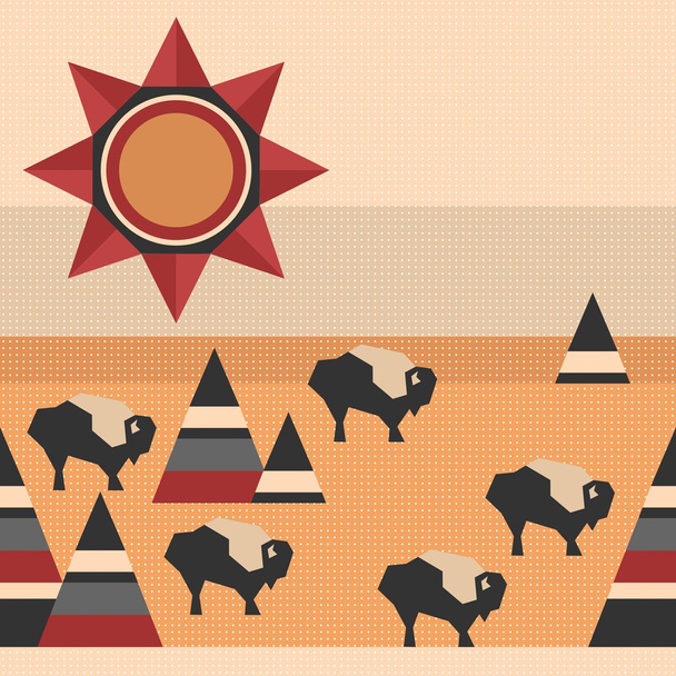 native indian style repeating pattern with sun, mountains and buffaloes - Vector, Image