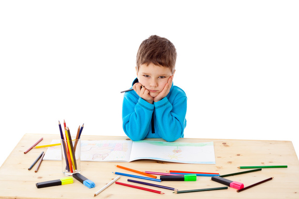 Sad little boy draw with crayons - Foto, Imagem