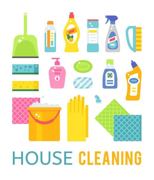 House puhdistus hygienia ja tuotteet tasainen vektori kuvakkeet asetettu
 - Vektori, kuva