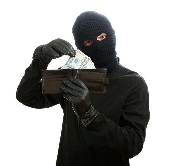 Bandit in black mask with stolen wallet isolated on white - Foto, Bild