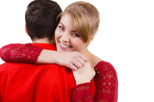 Girl hugging boyfriend romantically. - Zdjęcie, obraz