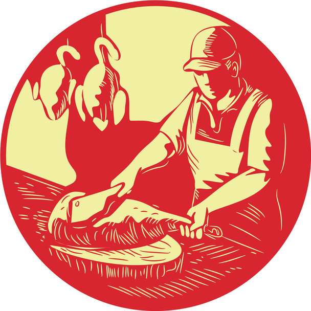Chino cocinero picar carne oval círculo Woodcut
 - Vector, Imagen