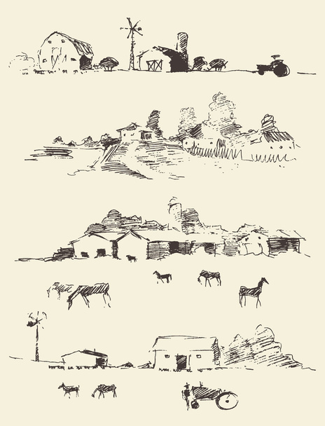 Campagna disegnata paesaggi rurali campi colline
 - Vettoriali, immagini