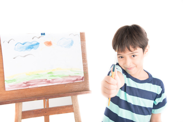 Little boy drawing and painting picture art  in the paper - Photo, Image
