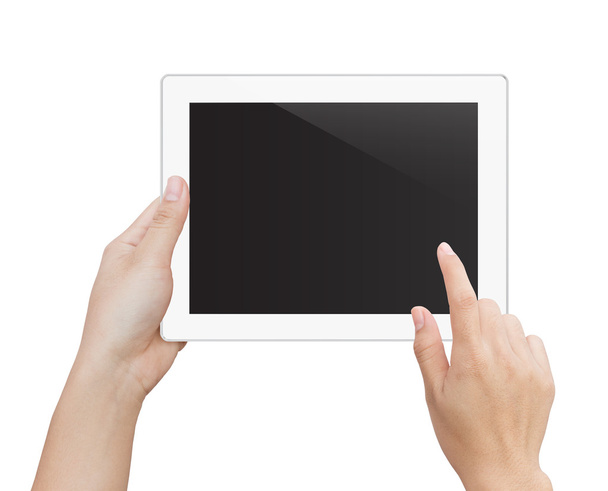 mujer mano usando tableta digital aislado recorte parche dentro de i
 - Foto, imagen